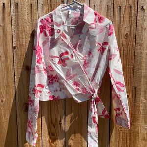 NWOT 100% Silk Vintage Pink and White ESCADA Floral Wrap Blouse
